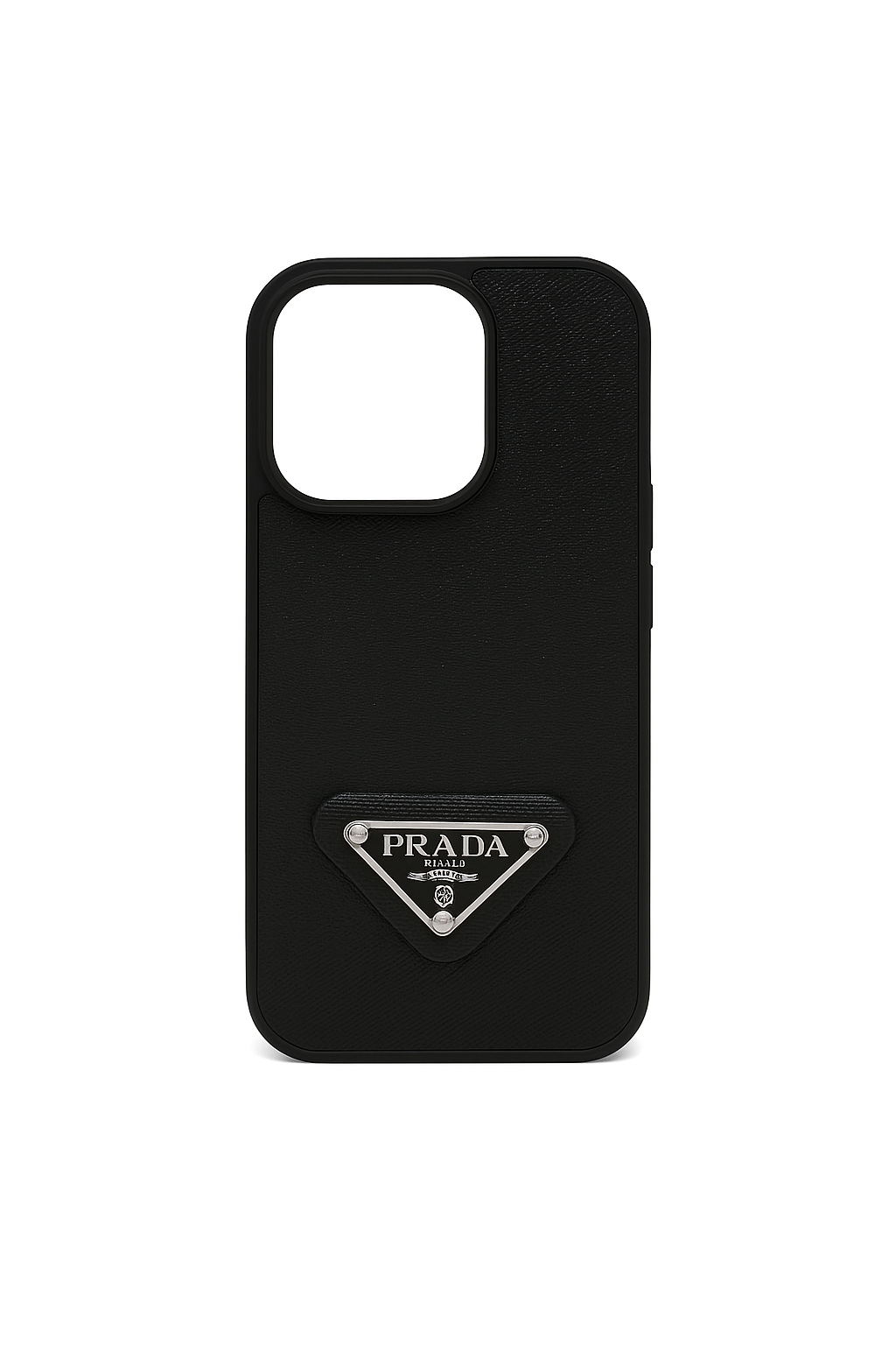 luxury case black with metal triangular logo.